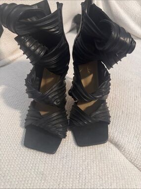Ruched Black High Heel Wrap Sandals - Women